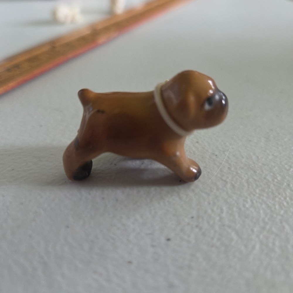 Vintage Goebel Porcelain Boxer Pug Brown Tab Puppy Dog Trinket Shelf Figurine